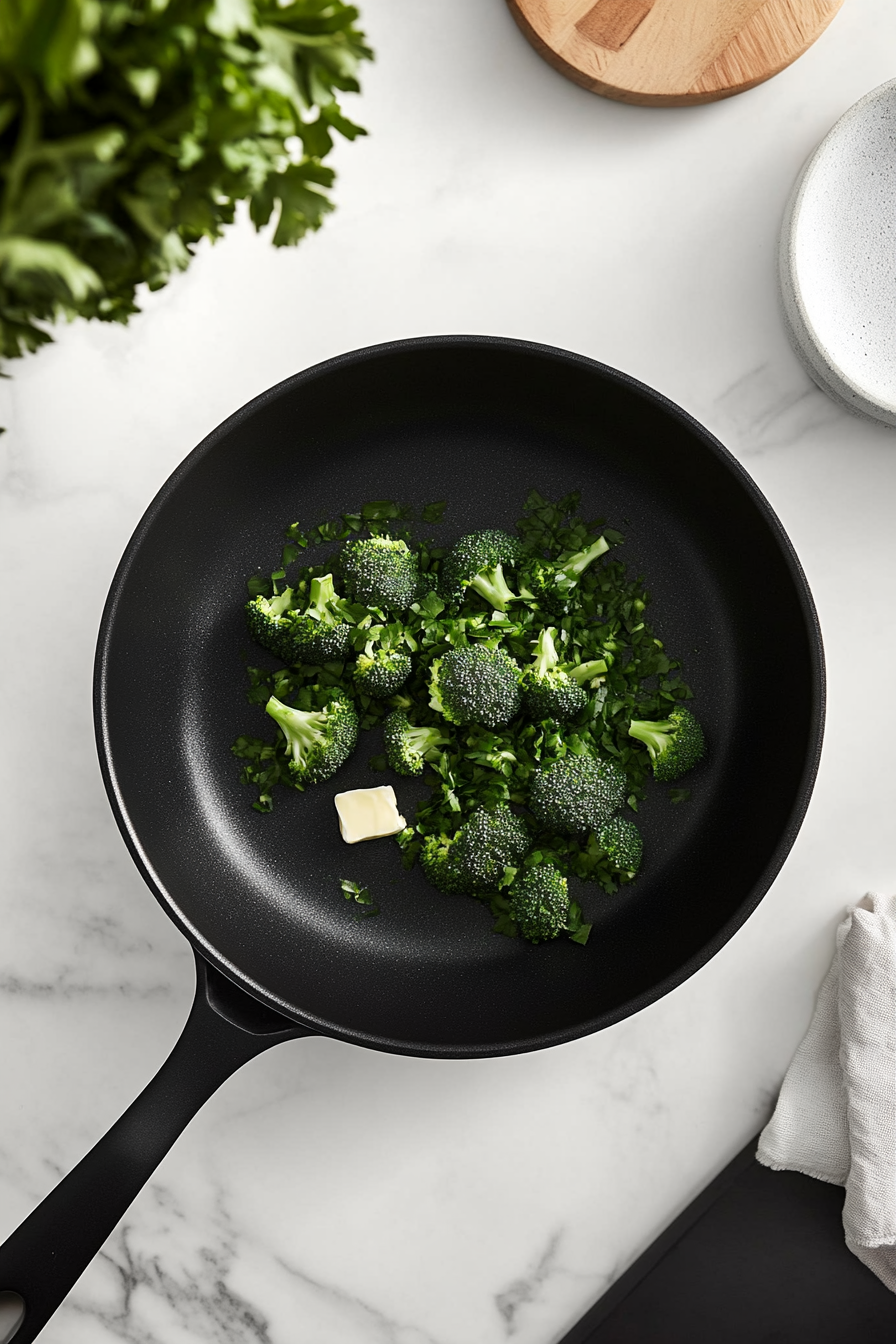 A 10-inch black ovenproof skillet on a white marble cooktop holds coarsely chopped broccoli being sautéed in 2 tablespoons of melted butter. The broccoli appears bright green and tender, with the skillet in a clean and uncluttered setting