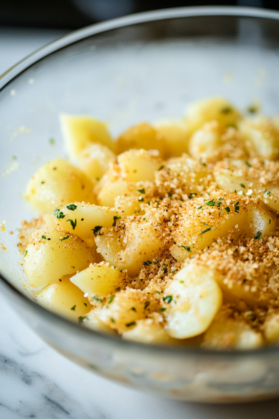 Close-up shot of the large glass mixing bowl on the white marble cooktop, as the cornmeal seasoning mix is tossed over the lime-coated potatoes. The potatoes are well-coated with the golden cornmeal and spices.