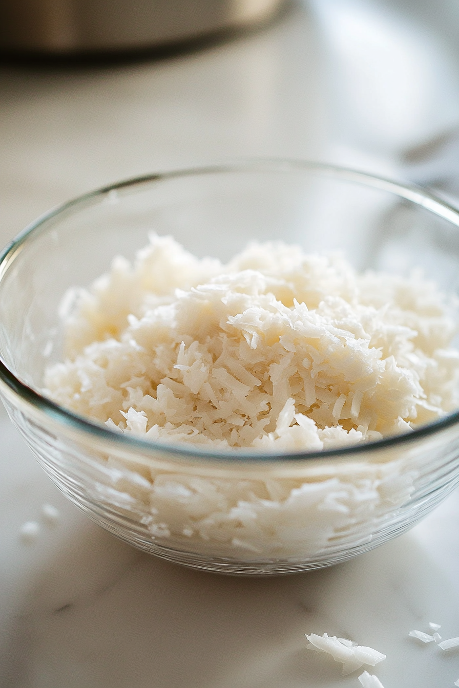 A close-up of a clear glass bowl on a white marble countertop containing thick, white coconut cream scooped from chilled cans. The cream appears smooth, with small droplets of residual liquid around the edges.