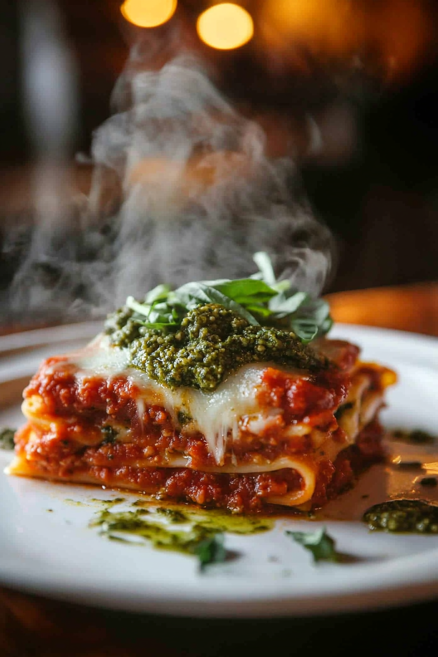 Close-up shot of a serving of lasagna on a plate with a spoonful of arugula pesto on top and basil ribbons sprinkled around. The dish is fresh out of the oven with steam rising from it.