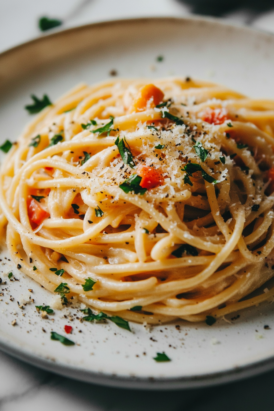 Close-up shot of a plate of creamy pasta and vegetables on the white marble cooktop. The dish is topped with vegan parmesan, fresh parsley, and red pepper flakes, creating a colorful and inviting presentation