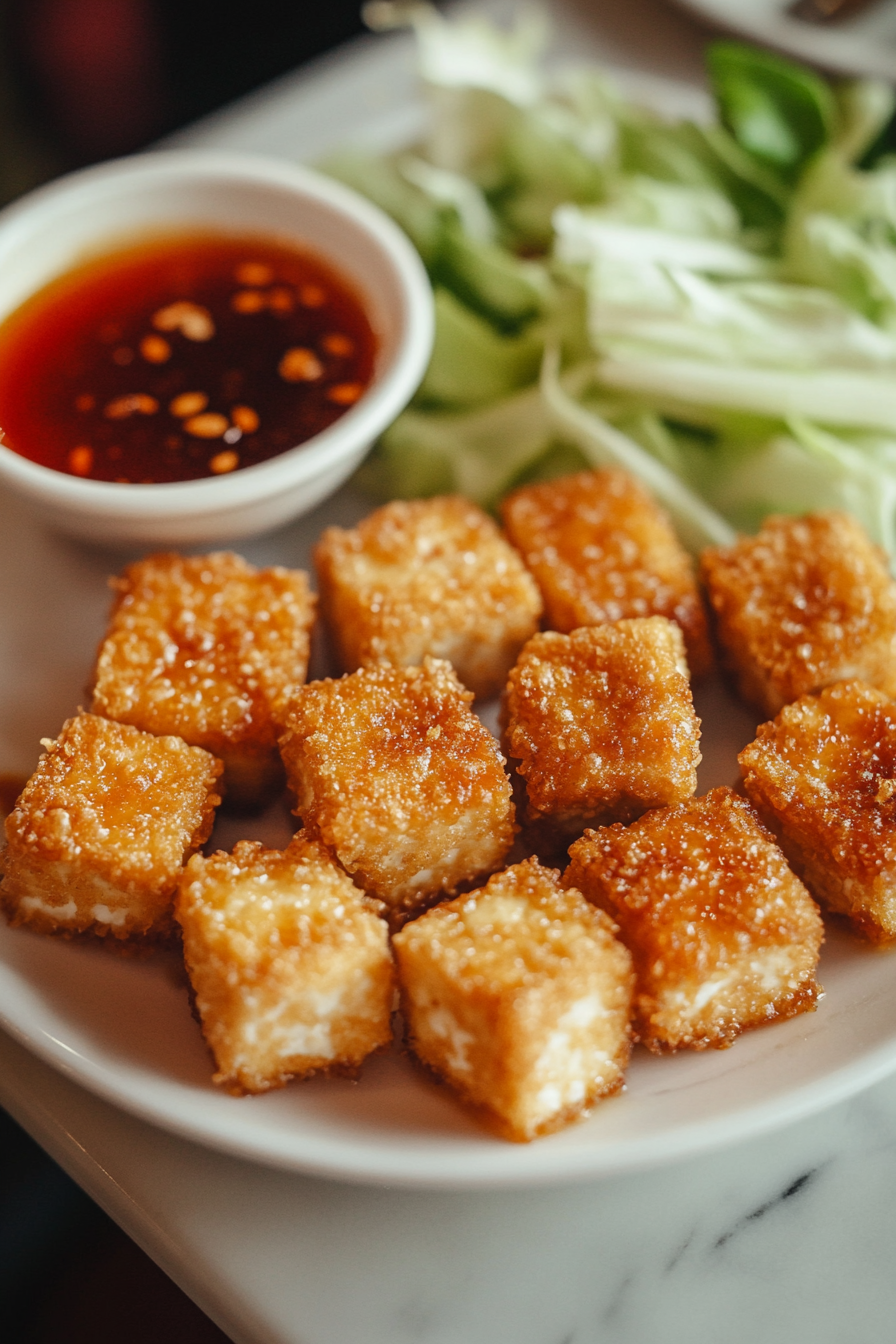 Close-up shot of a plate of crispy fried tofu cubes, served hot and arranged with a side of dipping sauce, ready to be enjoyed, set over a white marble cooktop.