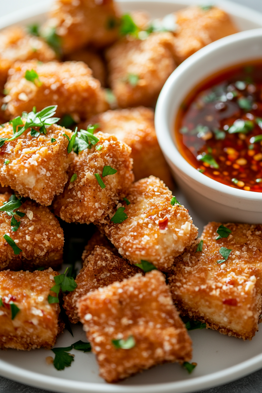 Close-up shot of crispy tofu pieces arranged on a plate, topped with fresh chopped parsley, with a small bowl of bang bang sauce on the side