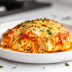 Close-up shot of the finished Keto Chicken Parmesan on a white plate, placed on the white marble cooktop. The chicken is topped with golden, melted cheese and marinara sauce, garnished with fresh herbs, ready to be enjoyed.