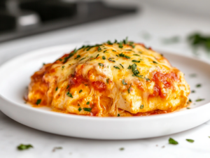 Close-up shot of the finished Keto Chicken Parmesan on a white plate, placed on the white marble cooktop. The chicken is topped with golden, melted cheese and marinara sauce, garnished with fresh herbs, ready to be enjoyed.