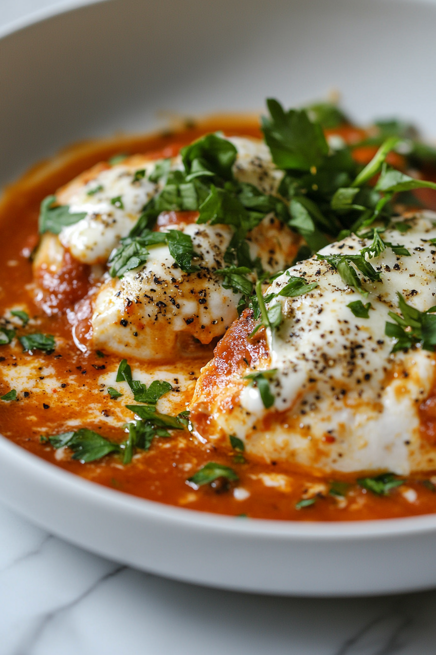 Close-up shot of the finished Keto Chicken Parmesan on a white plate, placed on the white marble cooktop. The chicken is topped with golden, melted cheese and marinara sauce, garnished with fresh herbs, ready to be enjoyed.