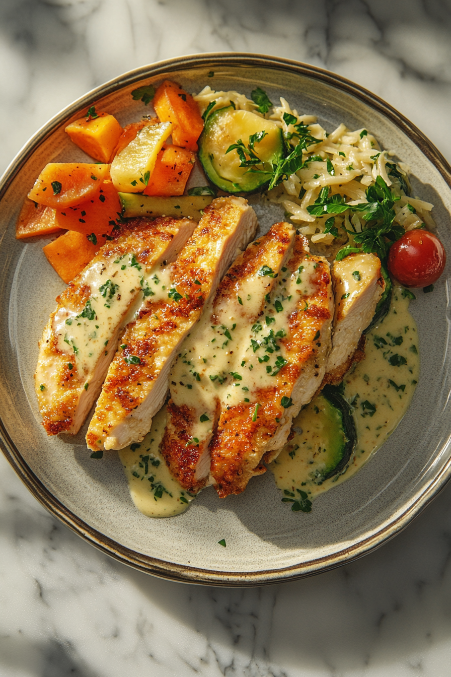 Close-up shot of a plated serving of the crispy chicken fillets with a generous drizzle of the garlic herb butter sauce on top. The dish is presented elegantly on a plate placed over a white marble cooktop, with the optional sides of vegetables, pasta, or rice placed next to the chicken.