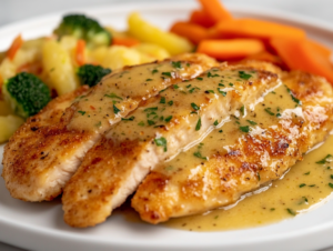 Close-up shot of a plated serving of the crispy chicken fillets with a generous drizzle of the garlic herb butter sauce on top. The dish is presented elegantly on a plate placed over a white marble cooktop, with the optional sides of vegetables, pasta, or rice placed next to the chicken.