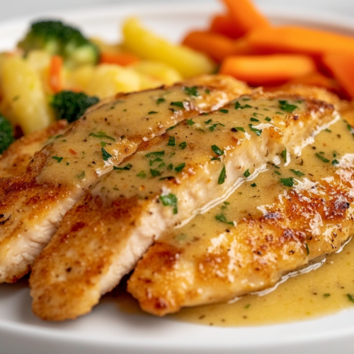 Close-up shot of a plated serving of the crispy chicken fillets with a generous drizzle of the garlic herb butter sauce on top. The dish is presented elegantly on a plate placed over a white marble cooktop, with the optional sides of vegetables, pasta, or rice placed next to the chicken.