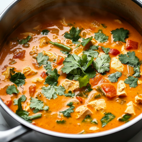 Close-up shot of a large pot on the white marble cooktop with the soup being served hot, garnished with fresh cilantro. The soup has a creamy, red-orange hue with visible chunks of chicken, vegetables, and a delicate sprinkle of cilantro on top, adding a fresh contrast.