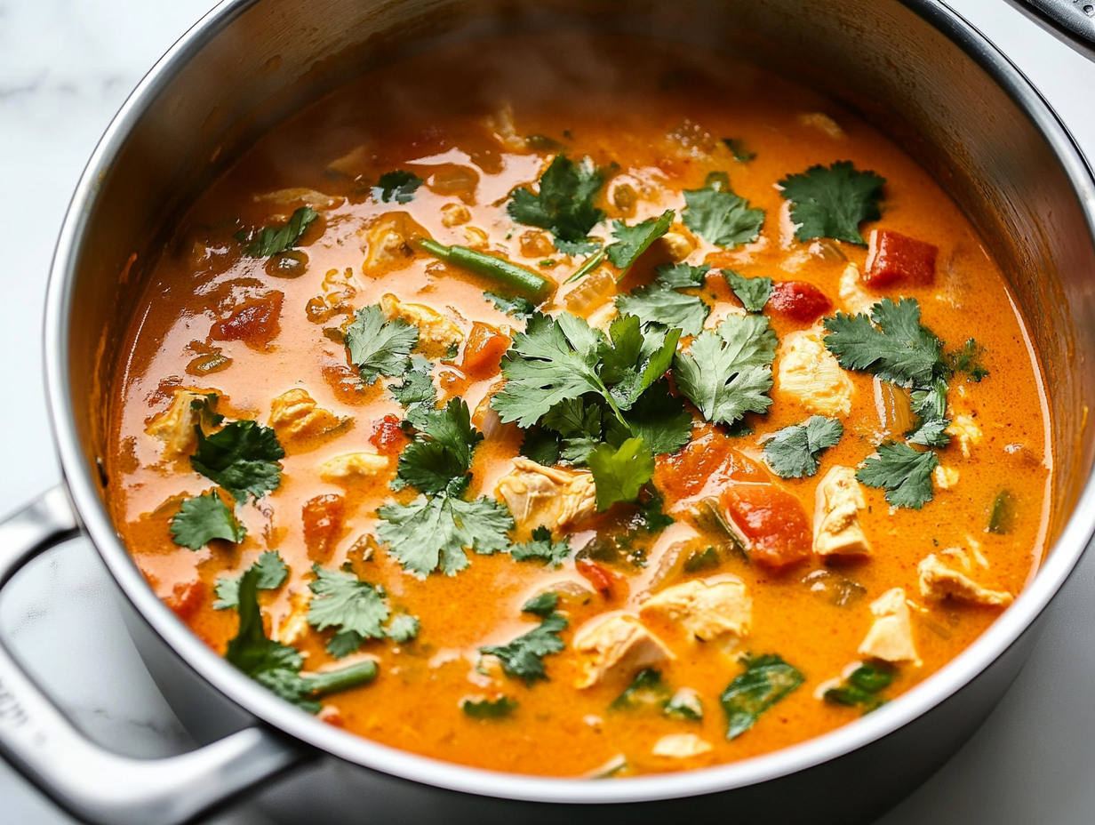 Close-up shot of a large pot on the white marble cooktop with the soup being served hot, garnished with fresh cilantro. The soup has a creamy, red-orange hue with visible chunks of chicken, vegetables, and a delicate sprinkle of cilantro on top, adding a fresh contrast.