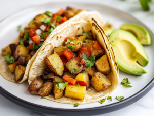 Close-up shot of a beautifully plated vegan potato soft taco on the white marble cooktop. The warm corn tortilla is filled with golden-brown roasted potatoes, tender sautéed bell peppers, and onions, topped with creamy chopped avocado. Vibrant colors of the ingredients pop against the light background, creating a fresh and inviting presentation.