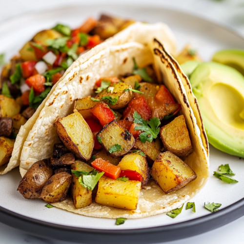 Close-up shot of a beautifully plated vegan potato soft taco on the white marble cooktop. The warm corn tortilla is filled with golden-brown roasted potatoes, tender sautéed bell peppers, and onions, topped with creamy chopped avocado. Vibrant colors of the ingredients pop against the light background, creating a fresh and inviting presentation.