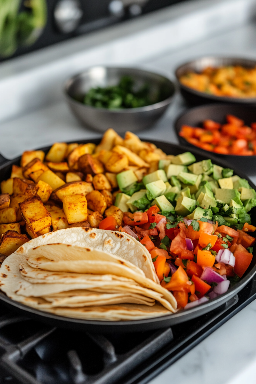 Close-up shot of a taco assembly station on the white marble cooktop, featuring warm corn tortillas, golden-brown potatoes, cooked veggies, and fresh chopped avocado. Each component looks vibrant and fresh.