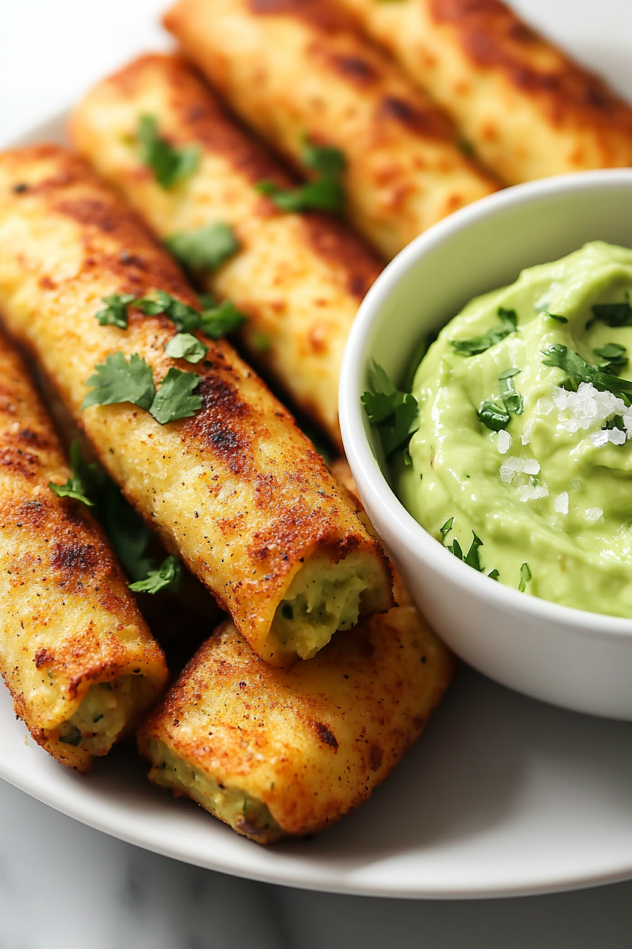 Close-up shot of taquitos arranged on a white plate, with a generous serving of avocado crema on the side, topped with fresh cilantro and a sprinkle of flaky salt, set over a white marble cooktop.