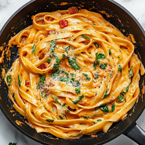 Close-up shot of a large black skillet on a white marble cooktop, featuring a finished creamy sun-dried tomato pasta dish. The pasta is coated in a rich, creamy tomato sauce with vibrant green arugula wilted throughout. The dish is garnished with fresh chopped parsley and a sprinkle of optional vegan parmesan, adding a touch of elegance. The skillet shines with the final, colorful presentation of the dish.