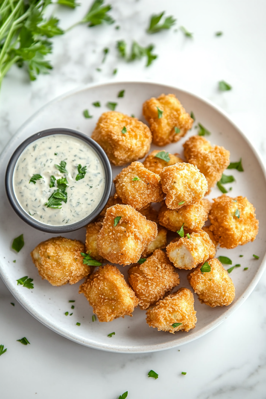 Serving the Vegan KFC fried chicken in plate with vegan ranch sauce.