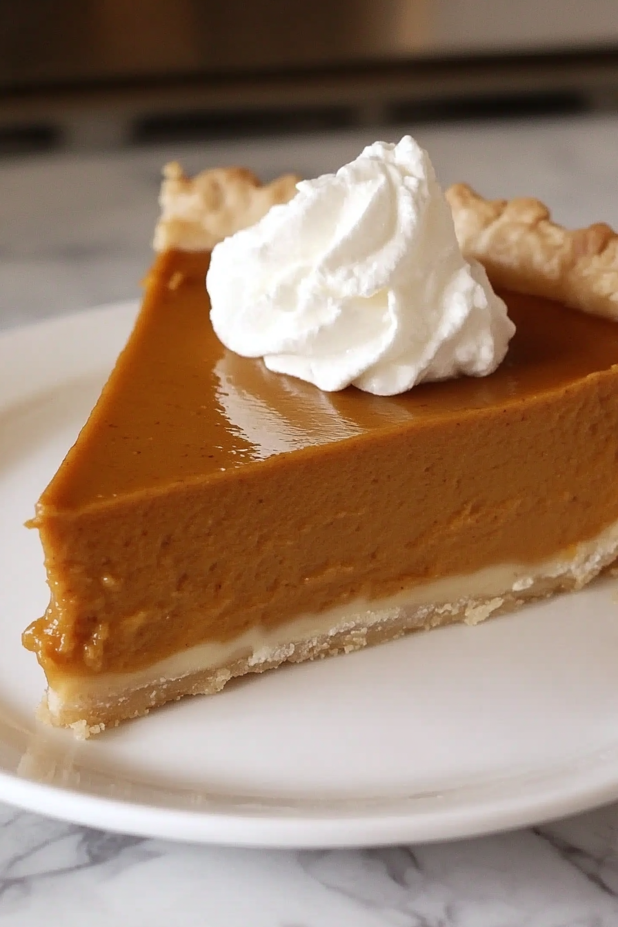 Close-up shot of the pie being served with a dollop of vegan cream cheese or whipped cream on top. The pie has a smooth, creamy texture, with a rich pumpkin color.