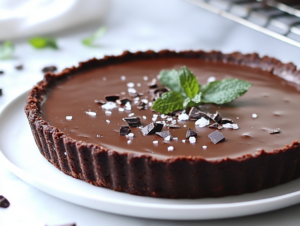 A close-up of a slice of vegan dark chocolate tart served on a white ceramic plate on a white marble countertop. The slice has a smooth, glossy chocolate filling topped with flaky sea salt and rests on a rich cocoa crust. The plate is adorned with cocoa nibs and fresh mint leaves, while the rest of the tart is visible in the background on a wire rack.