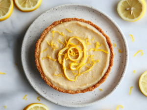 A close-up of a perfectly set vegan lemon pie on a white ceramic plate, garnished with spirals of freshly grated lemon zest artfully arranged on its smooth, creamy surface. The vibrant yellow filling contrasts with the crisp, golden cookie crust, while the plate sits on a white marble countertop surrounded by scattered lemon slices and zest.