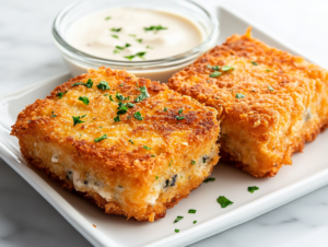 Close-up shot of two golden-brown vegan Cordon Bleu sandwiches on a white plate, their crispy crust highlighted, served alongside a small glass bowl of creamy dipping sauce, over the white marble cooktop.