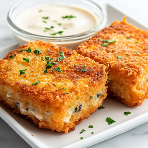 Close-up shot of two golden-brown vegan Cordon Bleu sandwiches on a white plate, their crispy crust highlighted, served alongside a small glass bowl of creamy dipping sauce, over the white marble cooktop.