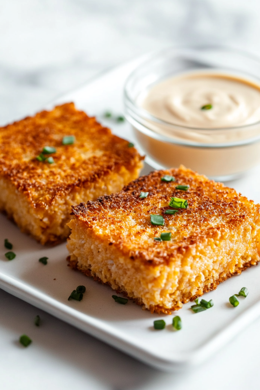 Close-up shot of two golden-brown vegan Cordon Bleu sandwiches on a white plate, their crispy crust highlighted, served alongside a small glass bowl of creamy dipping sauce, over the white marble cooktop.