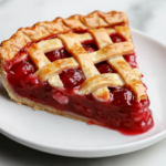 Close-up shot of a slice of the vegan cherry pie on a white dessert plate over the white marble cooktop. The flaky crust and glossy cherry filling are vividly detailed, with no utensils in sight.