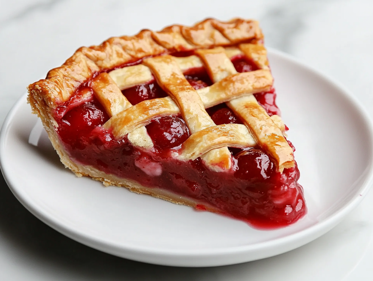 Close-up shot of a slice of the vegan cherry pie on a white dessert plate over the white marble cooktop. The flaky crust and glossy cherry filling are vividly detailed, with no utensils in sight.