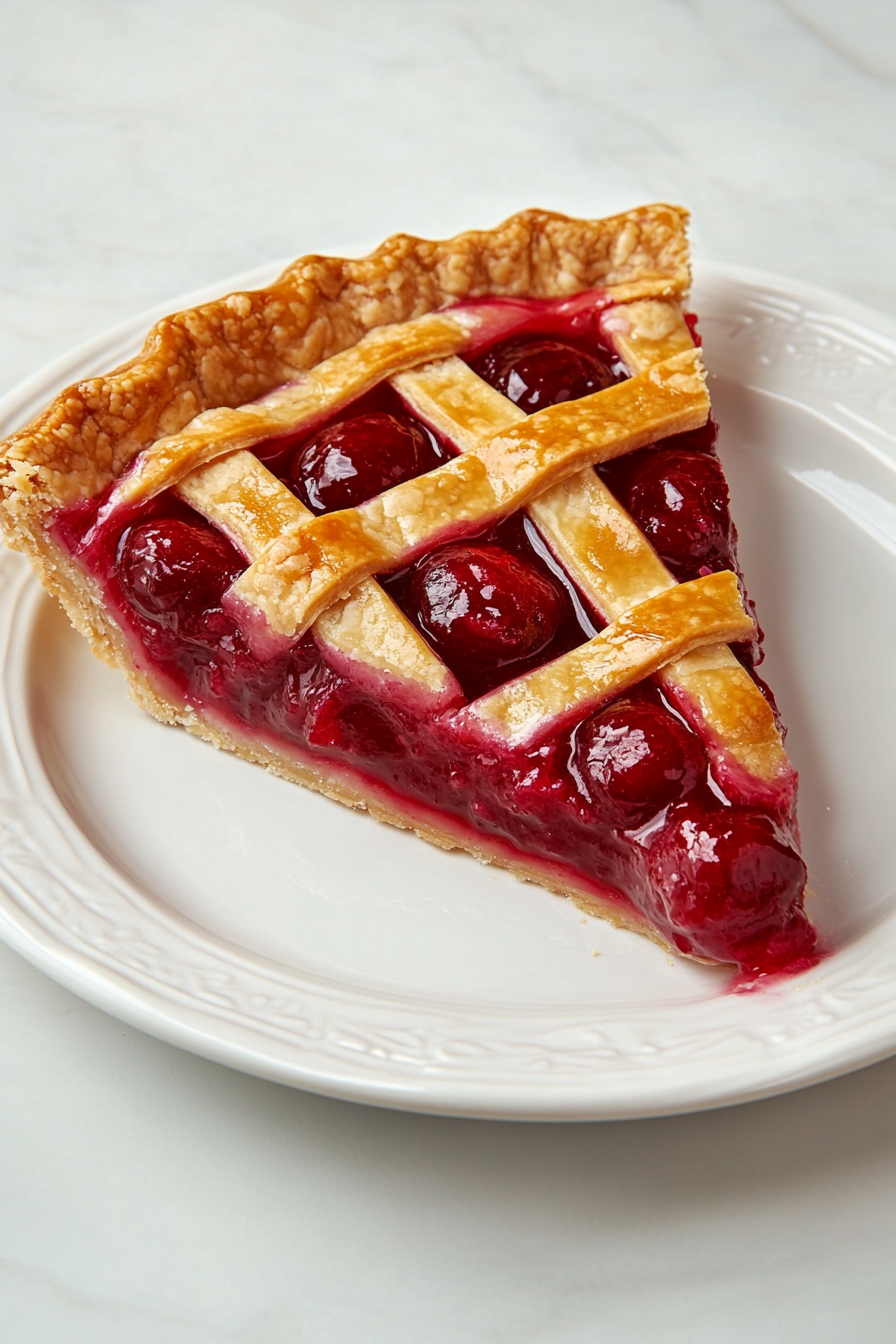 Close-up shot of a slice of the vegan cherry pie on a white dessert plate over the white marble cooktop. The flaky crust and glossy cherry filling are vividly detailed, with no utensils in sight.