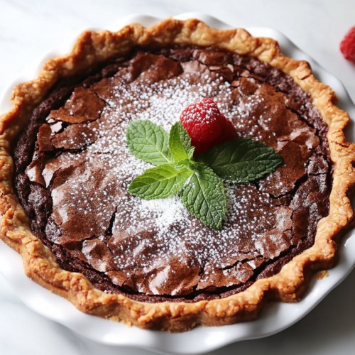 A close-up of a decadent, sliced chocolate brownie pie elegantly arranged on a white marble countertop. The shiny, slightly cracked top reveals a flaky, rich chocolate crust beneath. The pie is garnished with a dusting of powdered sugar, fresh raspberries, and a sprig of mint.