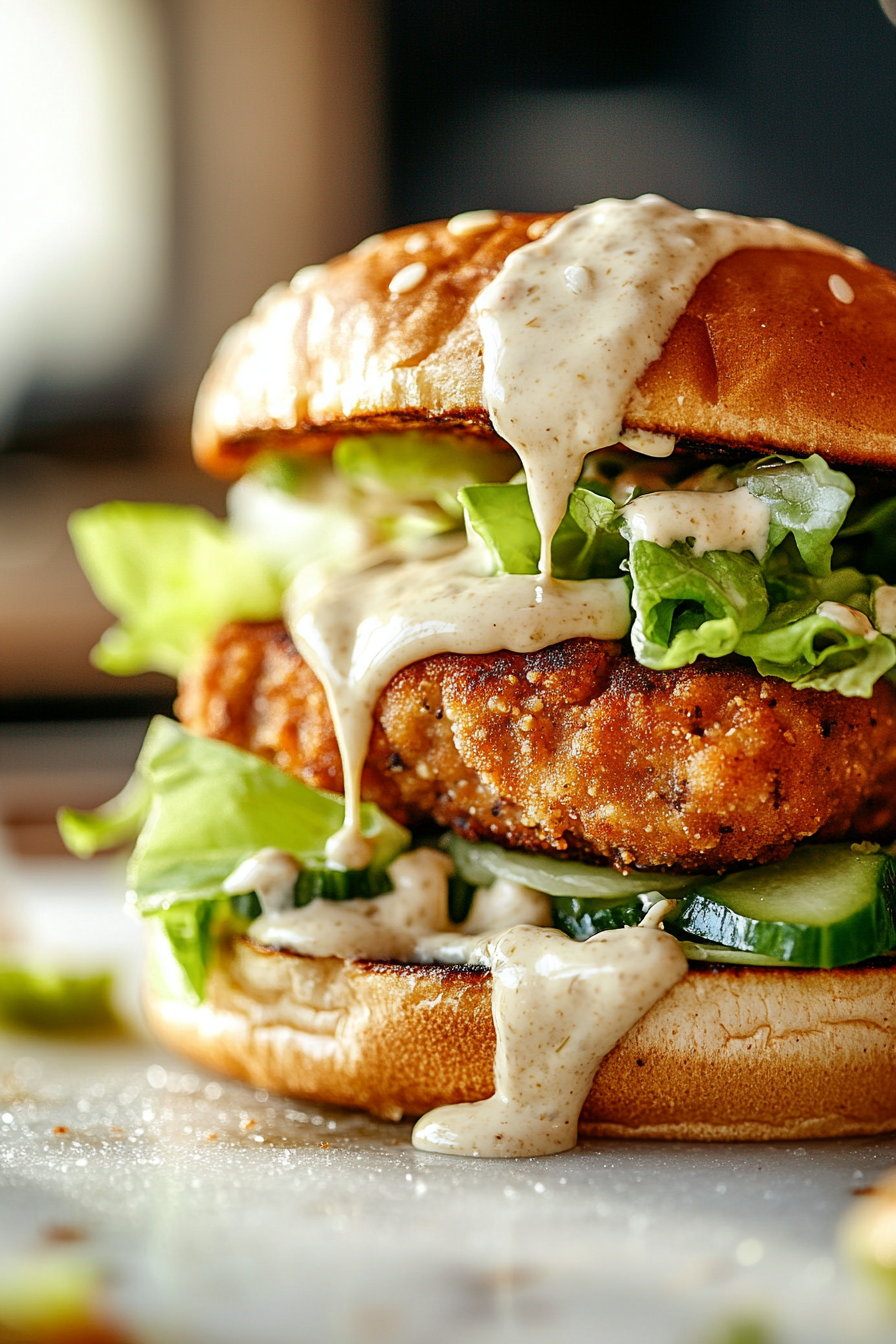 Close-up shot of a sandwich being assembled on the white marble cooktop, with a chickpea patty placed on a bun, topped with romaine lettuce, a drizzle of Caesar dressing, and the top bun added.