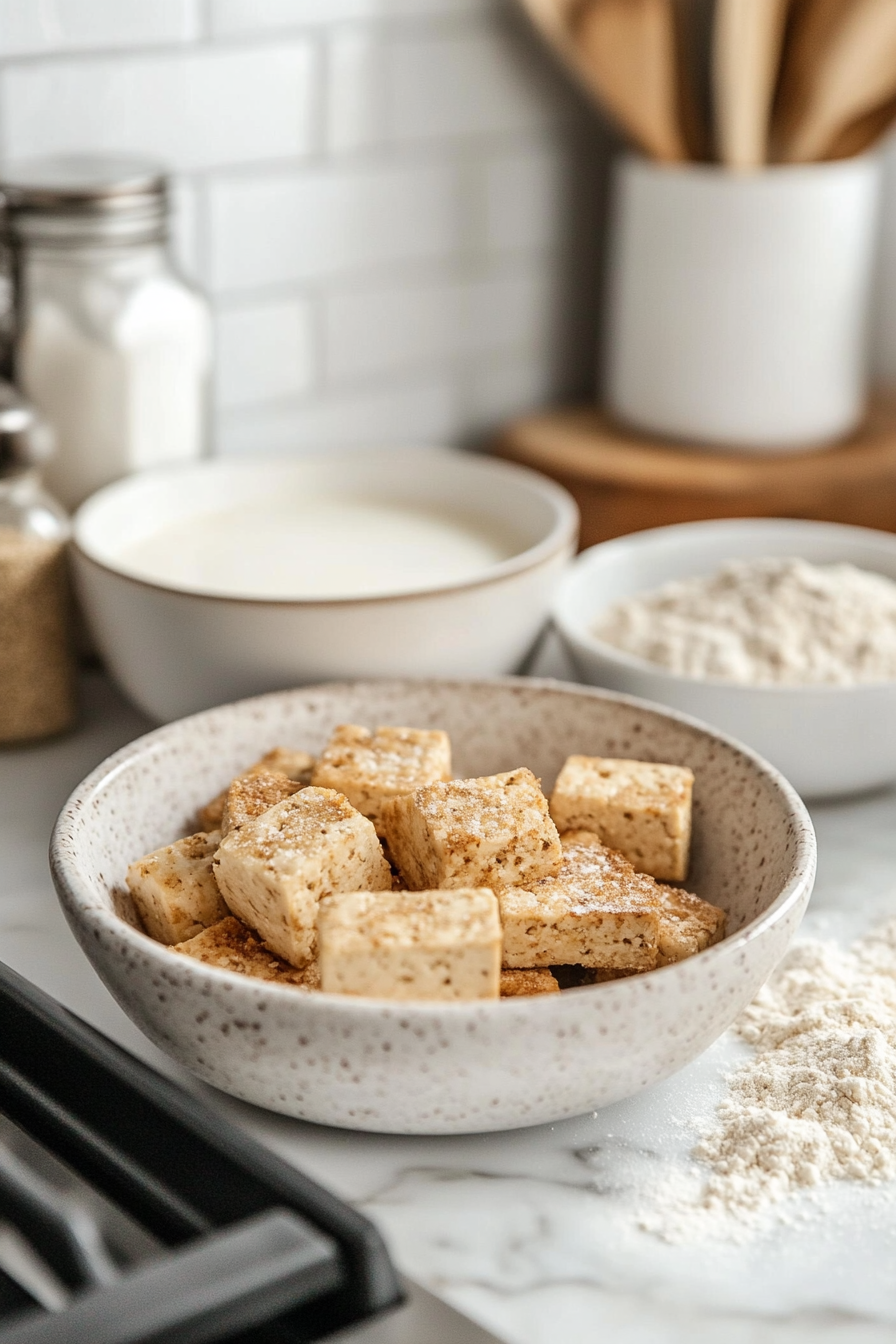 Close-up shot of a breading station on the white marble cooktop, featuring marinated tofu in one bowl, vegan buttermilk in another, and seasoned flour in a third. A piece of tofu is being dipped into the buttermilk.