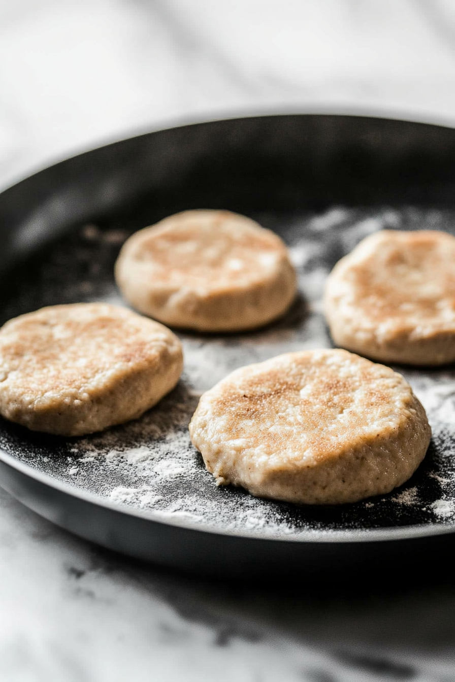 Close-up shot of a shiny black skillet on the white marble cooktop, dusted with vital wheat gluten, with the dough being shaped into six oval patties, each approximately 5 inches by 6 inches. The dough looks firm and evenly formed.