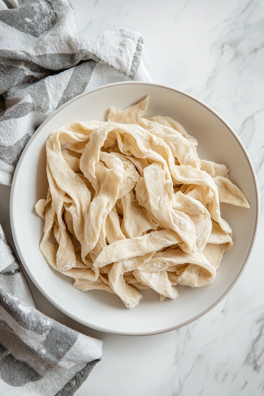 Close-up shot of hands using two forks to shred the cooled dough into stringy, vegan chicken-like pieces, placed on the white marble cooktop