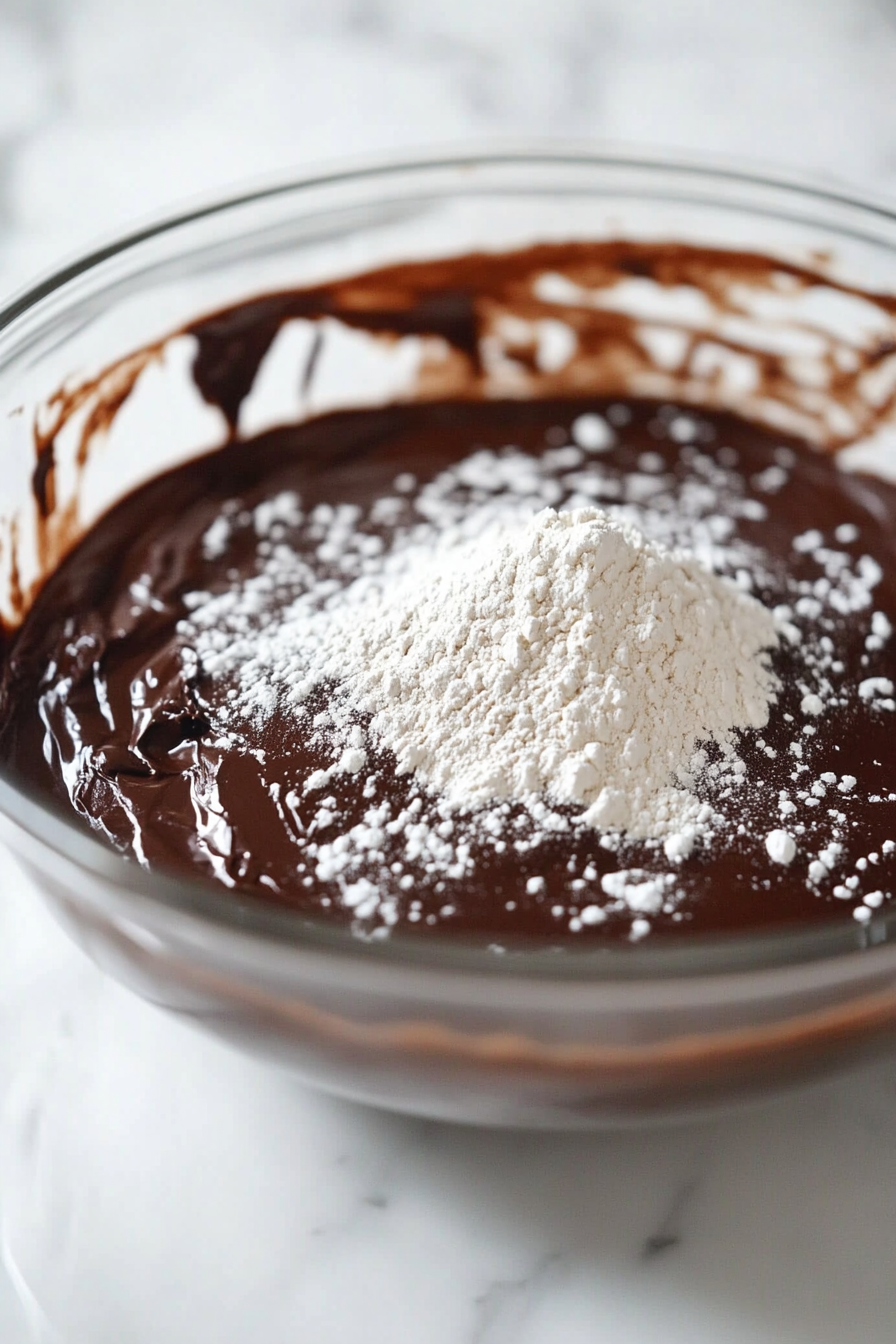 A close-up of a glass mixing bowl on a white marble countertop with freshly sifted plain flour, cocoa powder, baking powder, and bicarbonate of soda over the chocolate batter. The delicate dusting of dry ingredients is ready to be folded in.