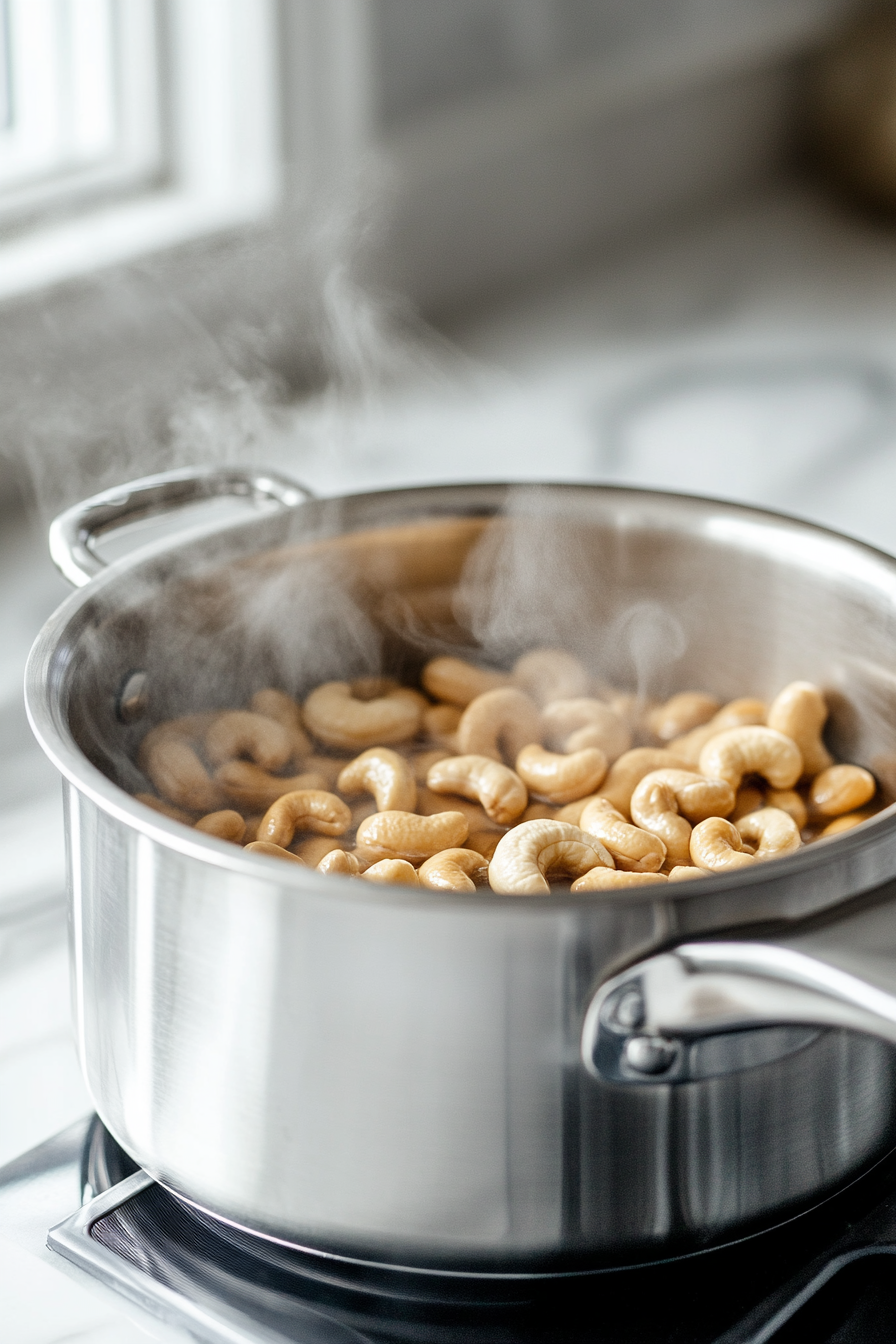 Close-up shot of a small stainless steel pot on the white marble cooktop, filled with cashews covered with water, simmering gently. Steam rises from the pot, and a spoon rests beside it.