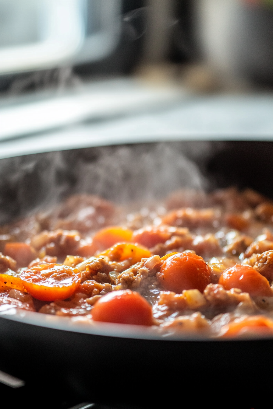 Close-up shot of a large black skillet on a white marble cooktop, with cherry tomatoes and water added to the sautéed ingredients. The tomatoes soften and release juices as they simmer. The mixture is covered and gently bubbling, with steam rising from the skillet.