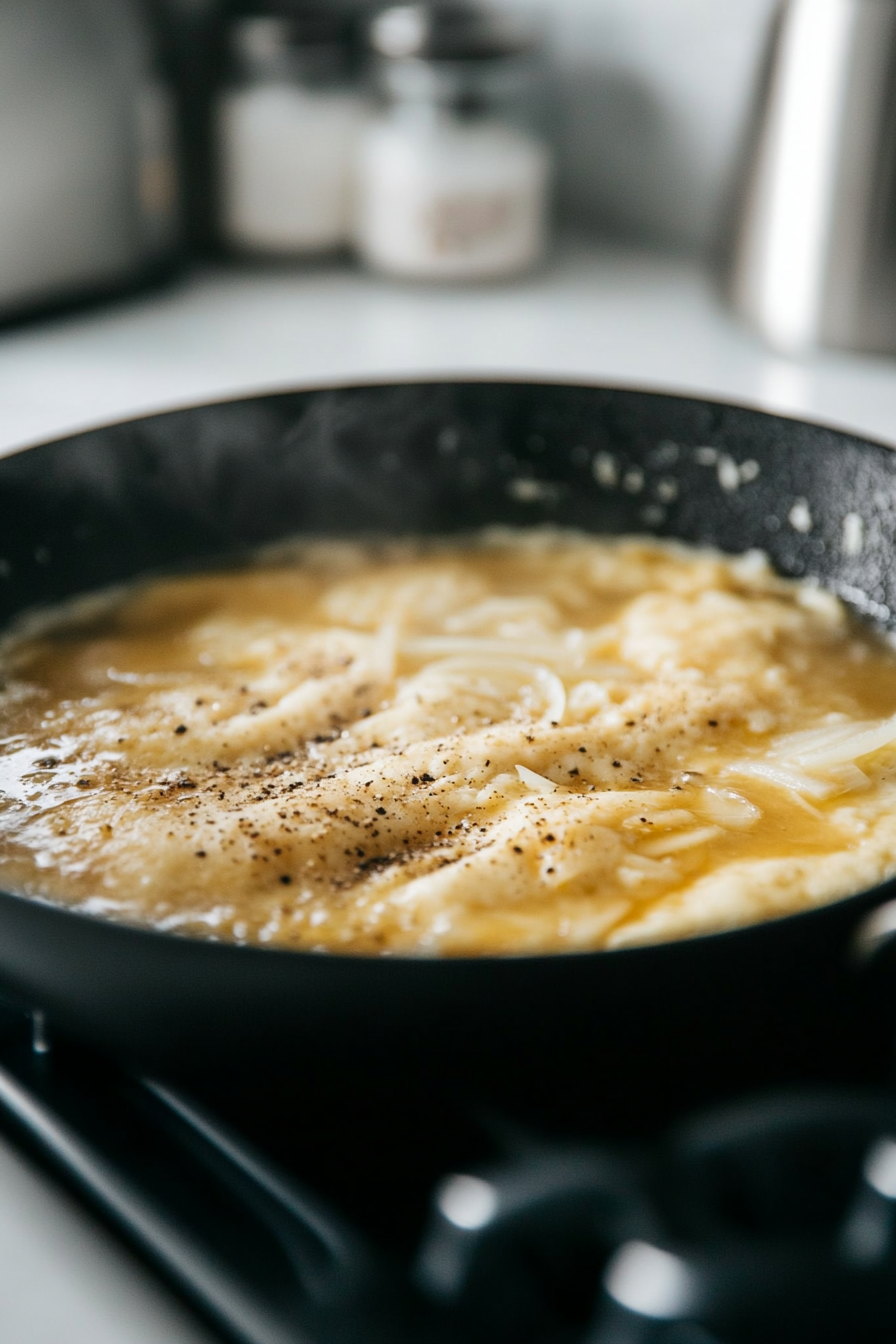 Close-up shot of a black skillet on the white marble cooktop with dough simmering in a vegetable broth mixture, with soy sauce, onion powder, and garlic powder floating on top, creating rich flavors