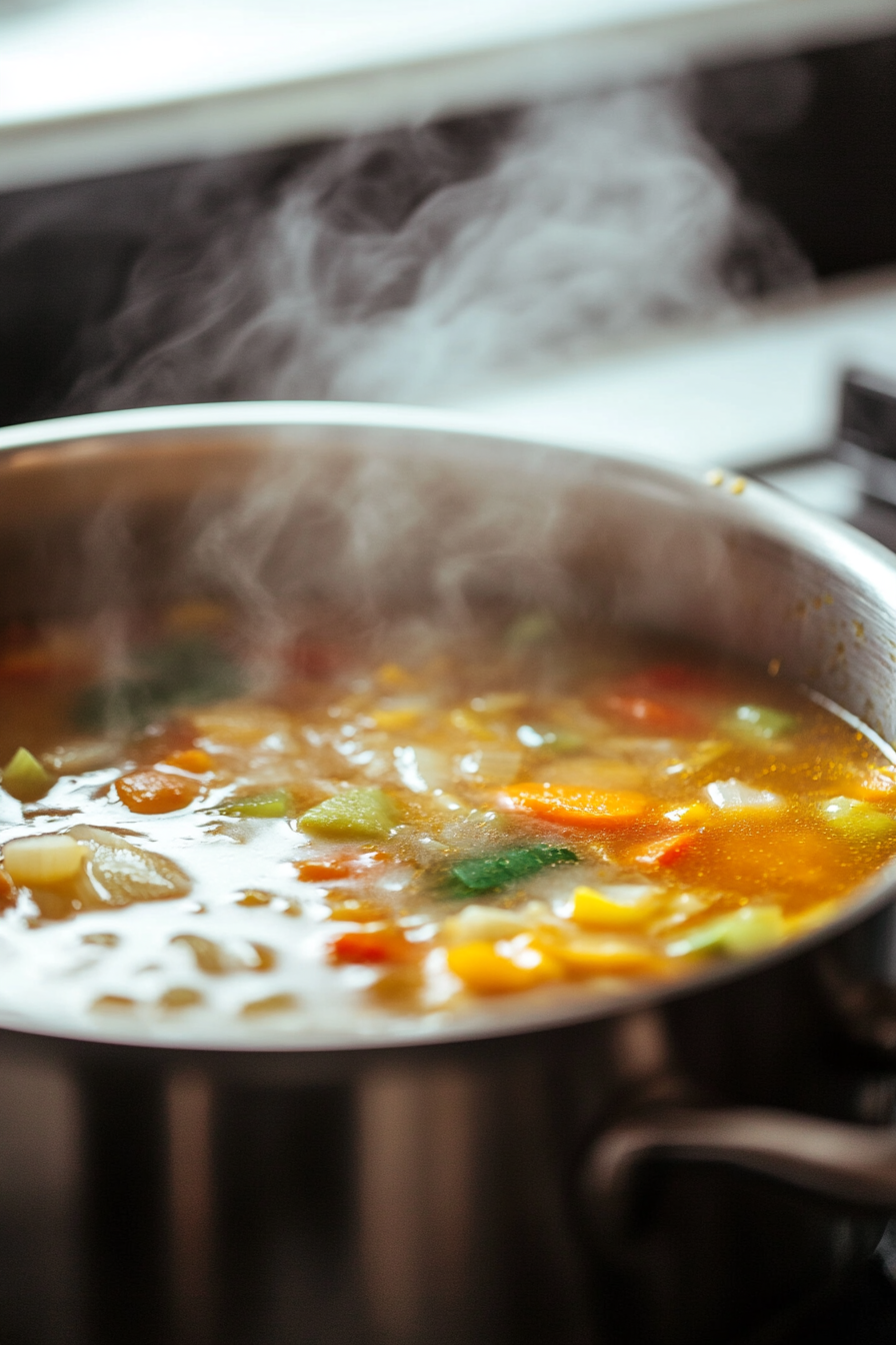 Close-up shot of a large pot on the white marble cooktop, simmering with the combined ingredients. Steam rises gently from the surface of the soup as it continues to cook. The liquid is slightly thickened, and the ingredients are blended together in a harmonious mixture.