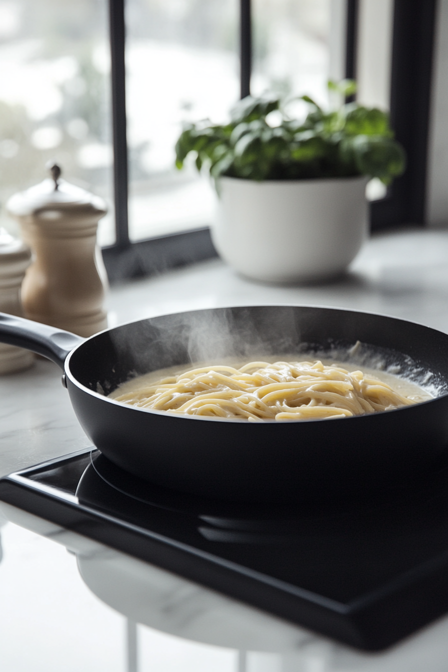 Close-up shot of the same large black skillet over the white marble cooktop, now covered with a lid, as the spaghetti simmers in the creamy sauce, releasing gentle wisps of steam.