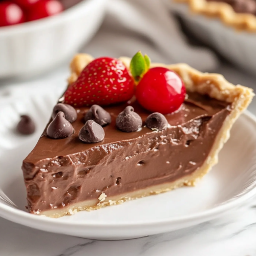 Close-up shot of a slice of chocolate pie being lifted from the dish with a spatula. The pie has a rich, creamy texture with a smooth chocolate topping and fresh strawberries or cherries on the side