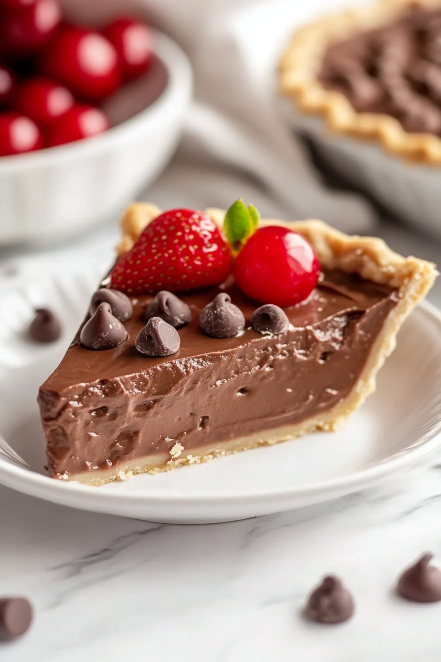 Close-up shot of a slice of chocolate pie being lifted from the dish with a spatula. The pie has a rich, creamy texture with a smooth chocolate topping and fresh strawberries or cherries on the side