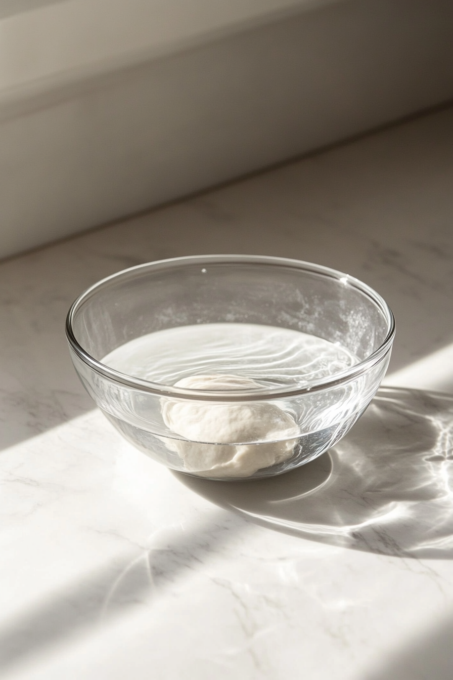 Close-up shot of a glass bowl on the white marble cooktop with dough soaking in water, gently resting and expanding in the bowl.