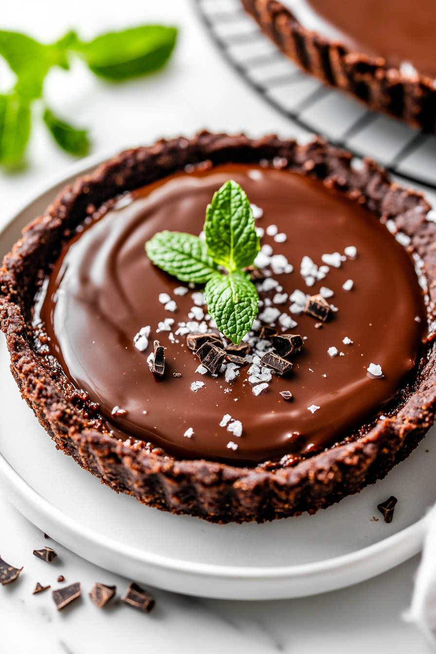 A close-up of the chilled tart on a white marble countertop, garnished with a sprinkle of flaky sea salt over the glossy chocolate surface for an elegant finish.