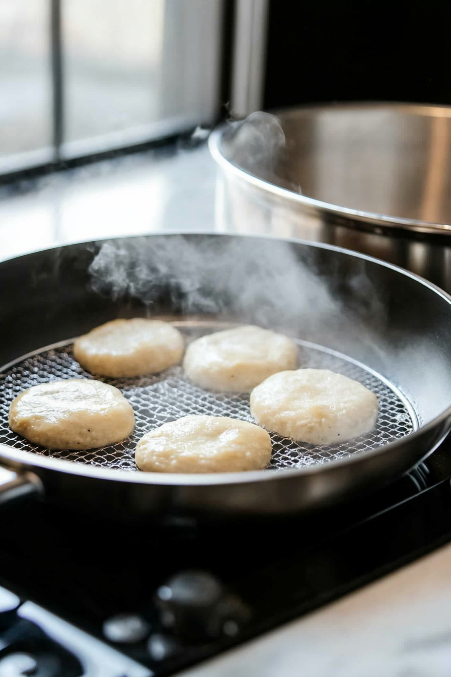 Close-up shot of a shiny black skillet on the white marble cooktop, next to the stainless steel pot with the steamer basket inside containing the dough ovals. Steam is rising gently as the water simmers, cooking the tenders evenly.