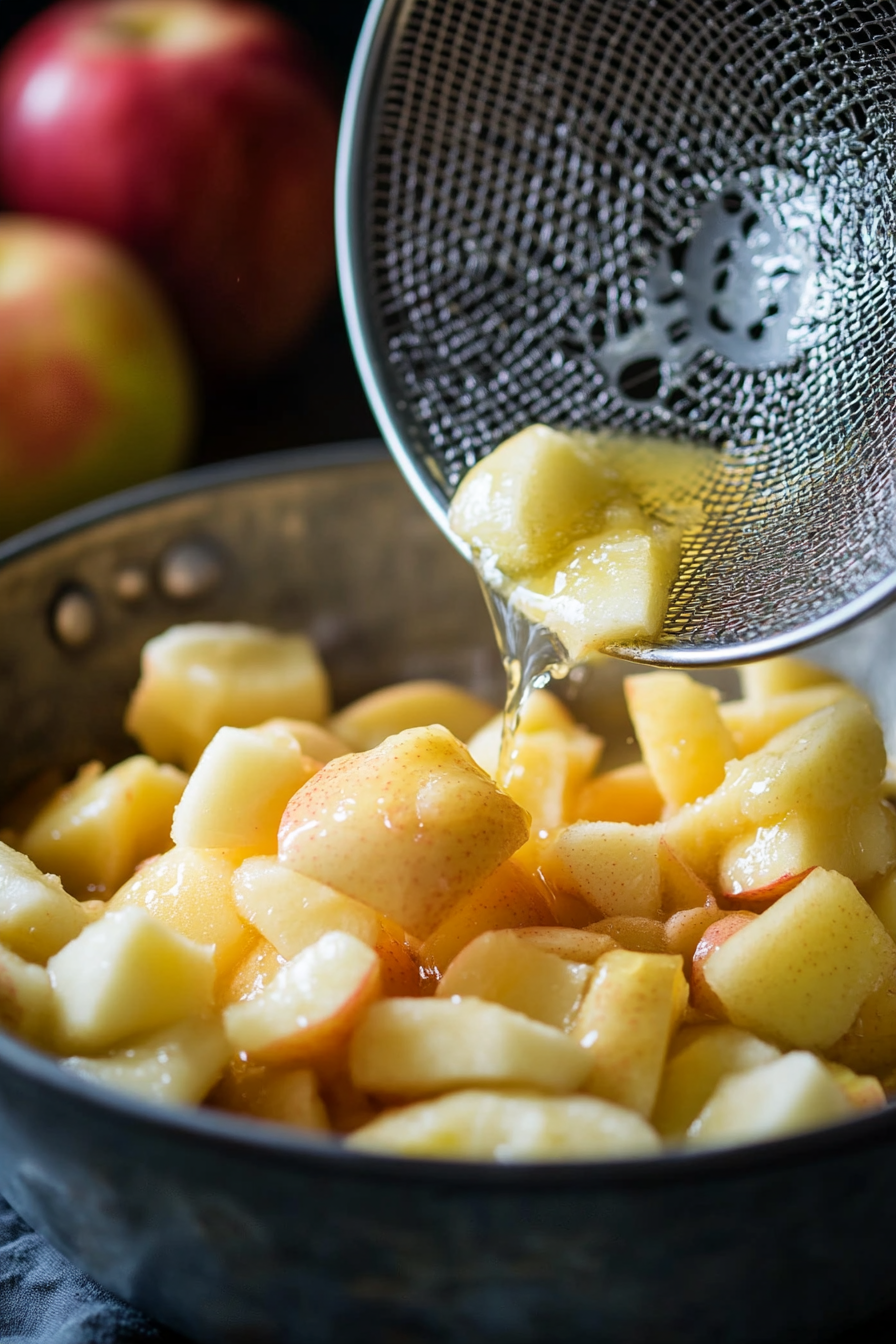 Close-up shot of a colander over a bowl, draining excess juice from the softened apples. The apples are being gently poured into the colander while the juice is collected beneath.