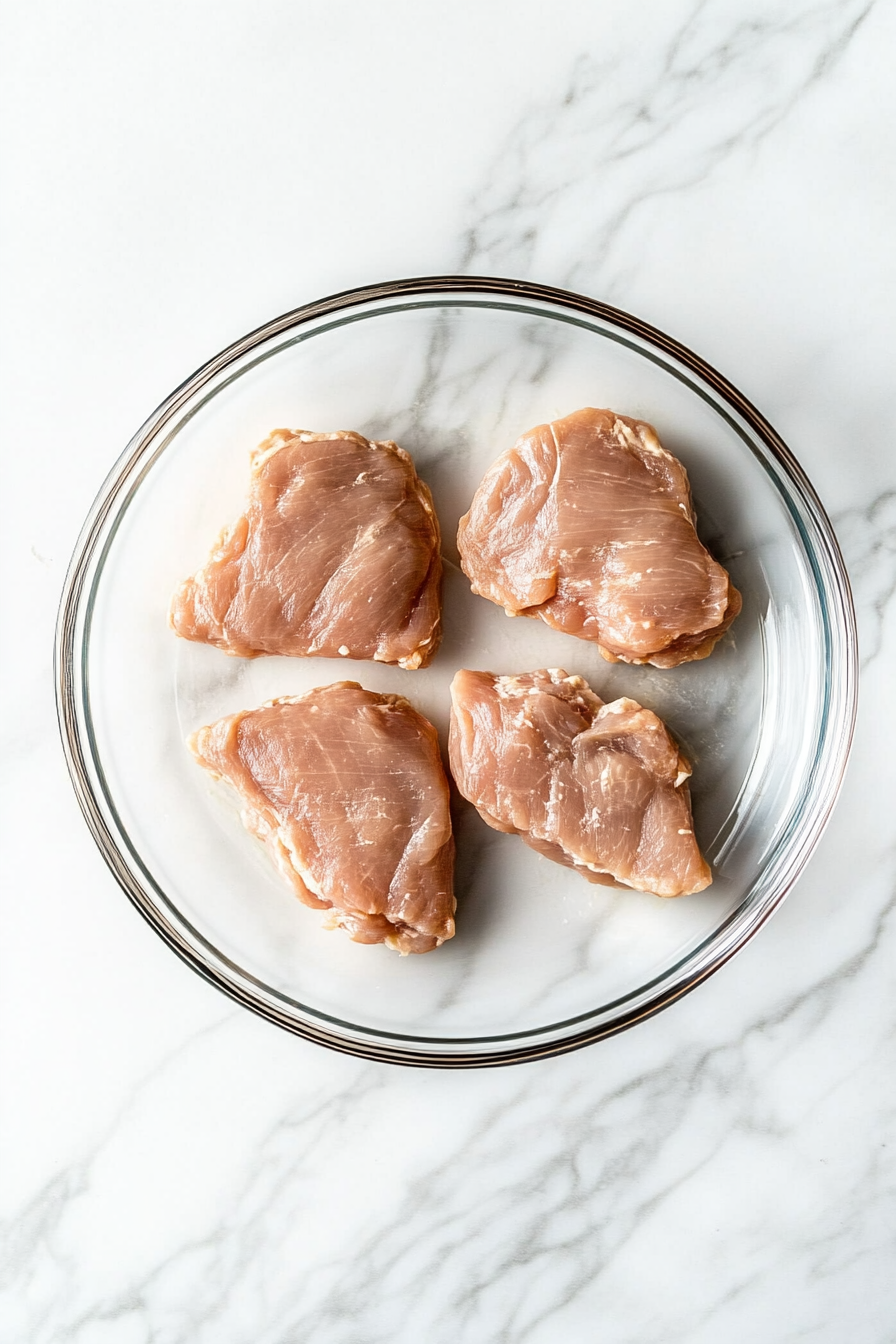 Close-up shot of four perfectly thawed Gardein Chick’n Scallopini pieces neatly arranged on a glass plate, their lightly golden texture visible, placed over the pristine white marble cooktop.