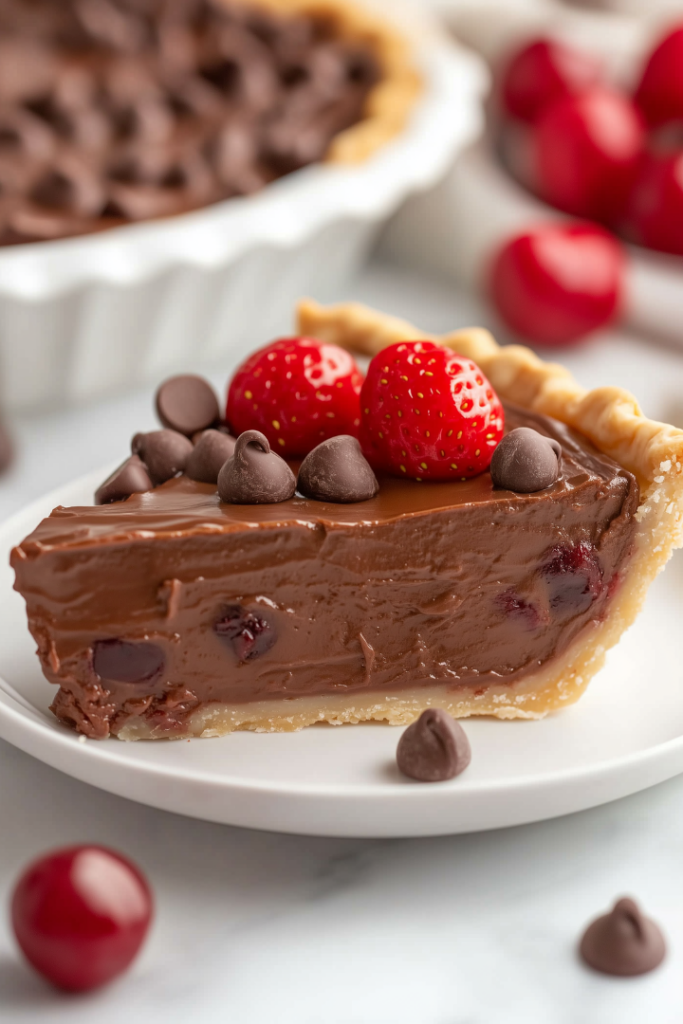 Close-up shot of a slice of chocolate pie being lifted from the dish with a spatula. The pie has a rich, creamy texture with a smooth chocolate topping and fresh strawberries or cherries on the side