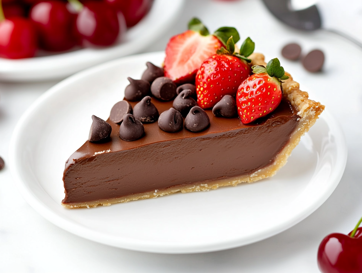 Close-up shot of a slice of chocolate pie being lifted from the dish with a spatula. The pie has a rich, creamy texture with a smooth chocolate topping and fresh strawberries or cherries on the side